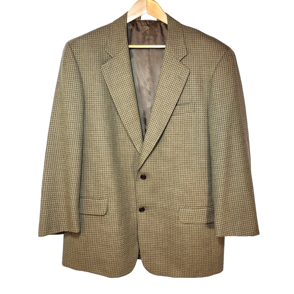 Louis Feraud‎ Olive Brown Wool Plaid Blazer 2 Front Button Lined Size 43R